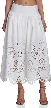Avec Les Filles Cotton Eyelet Detail Midi Skirt