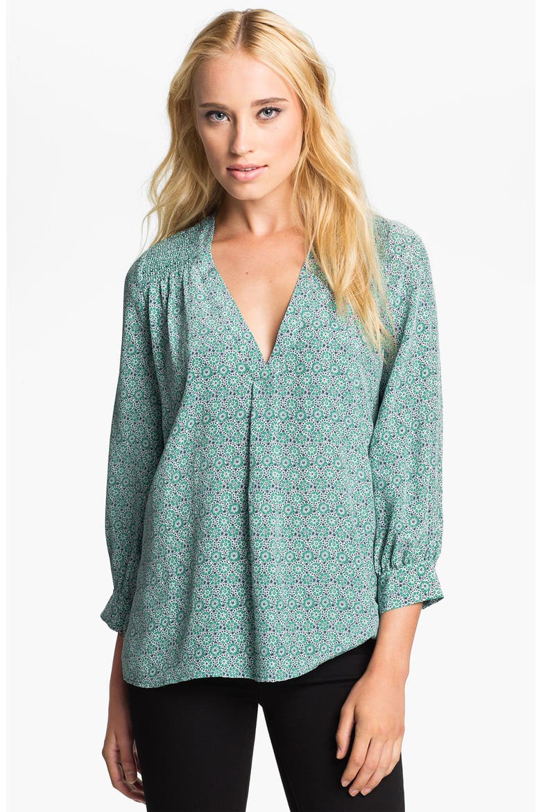 'Aceline' Sheer Print Silk V-Neck Top, Main, color, DEEP MINT