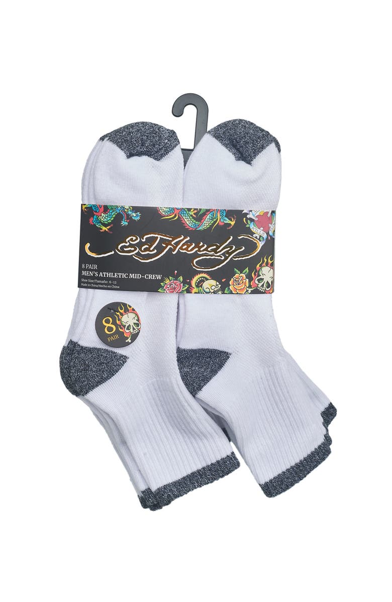 Ed Hardy Basic Half Cushion Mid Crew Sock 8-Pack, Alternate, color, White