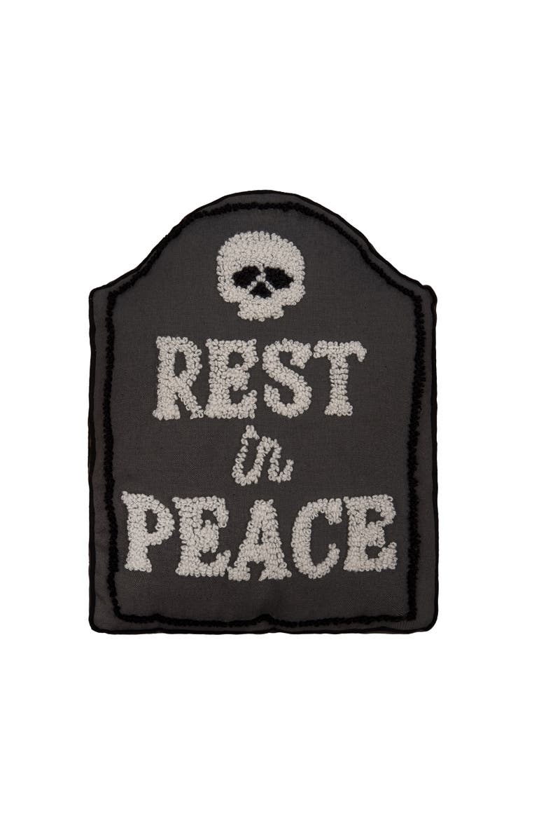 Halloween "RIP" Skeleton Skull Tombstone Shaped Hooked Accent Pillow 18" x 18", Main, color, Black
