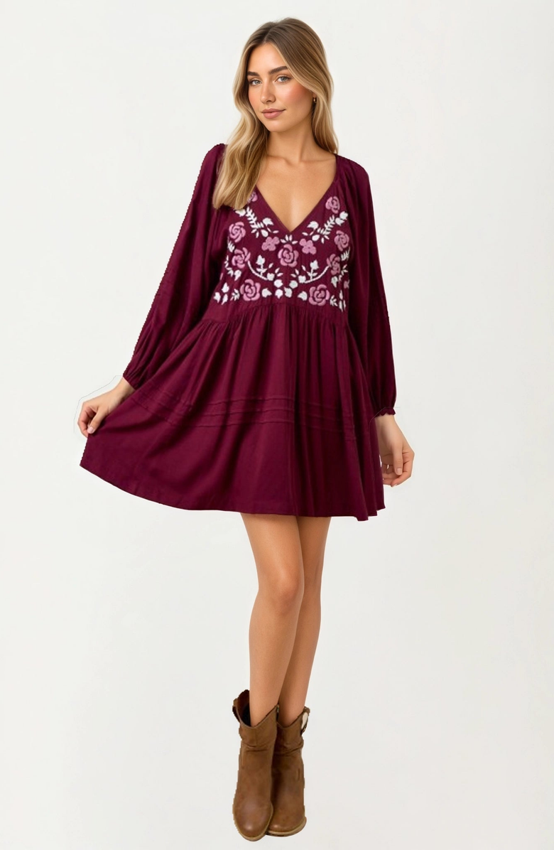 Knit and Lounge Embroidered Plum V-Neck Mini Dress, Alternate, color,
