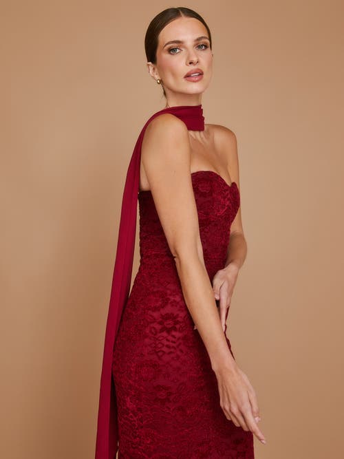 Six Stories Velvet Lace Corset Bandeau Maxi Dress In Burgundy
