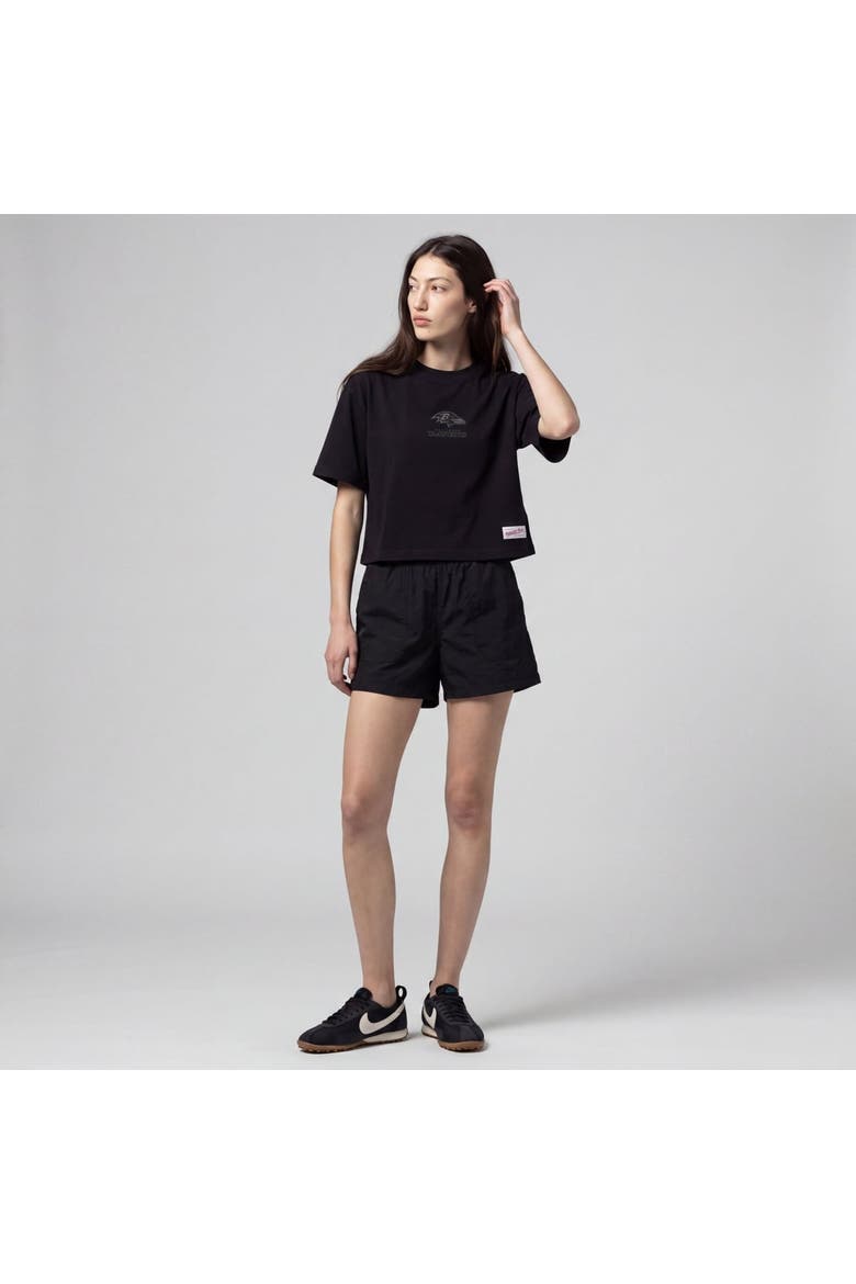 Women's Mitchell & Ness Black Baltimore Ravens Core Essentials Micro Logo Boxy Crop T-Shirt, Alternate, color, Black