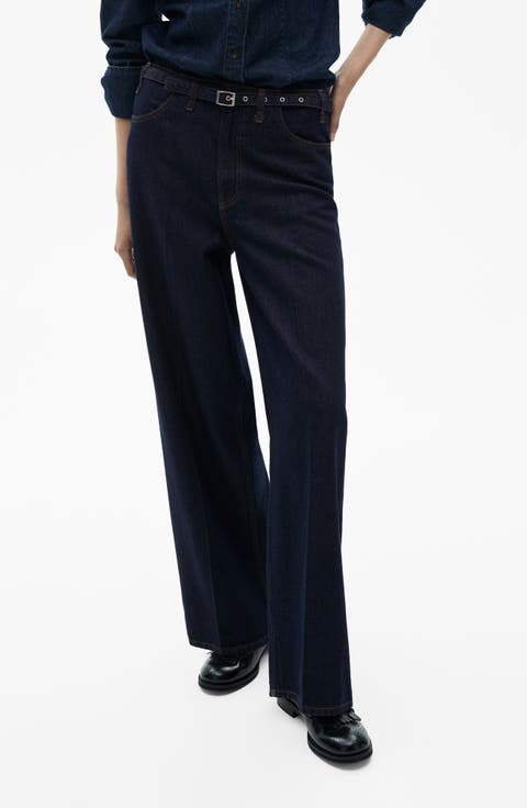 Belted Mid Rise Wide Leg Jeans (Open Blue)