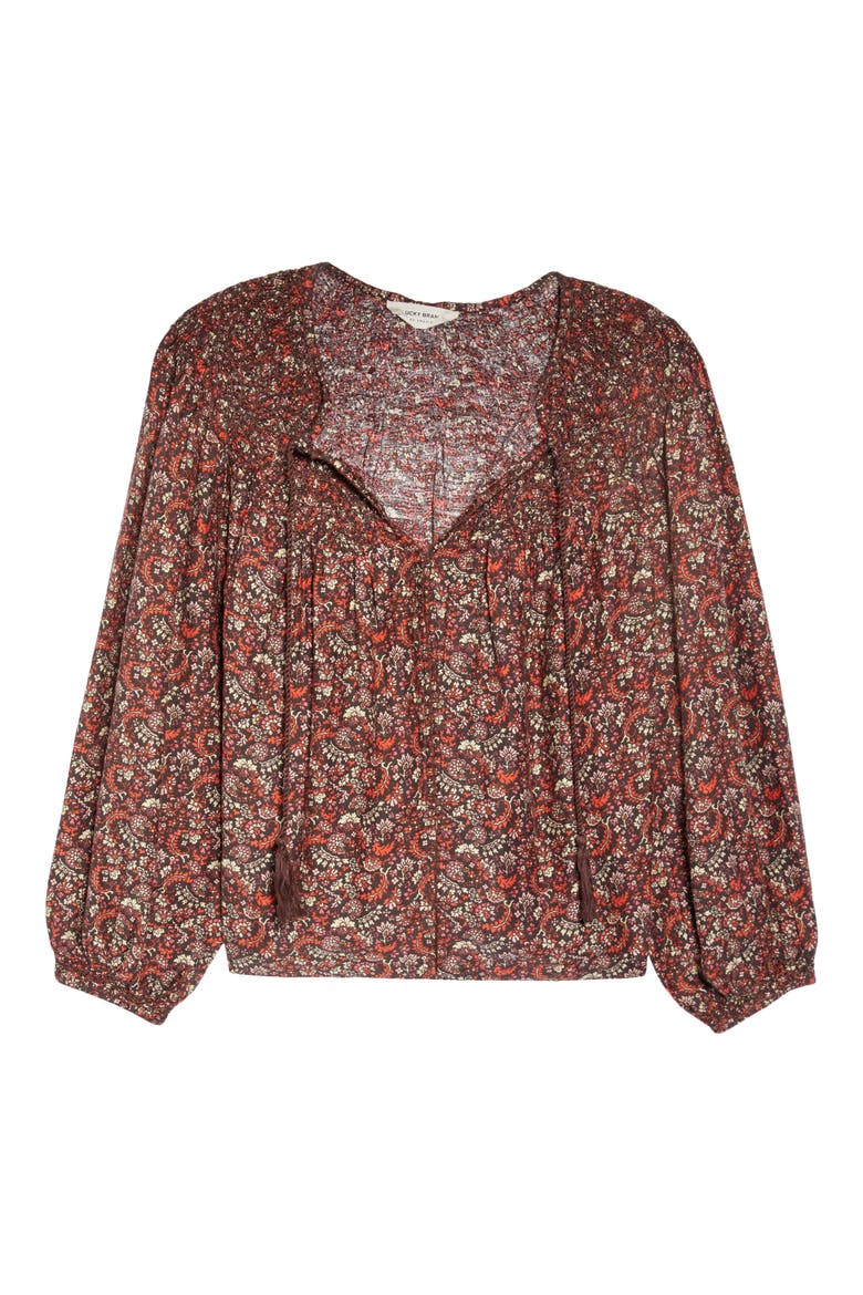 Print Smocked Peasant Blouse, Alternate, color, BROWN MULTI