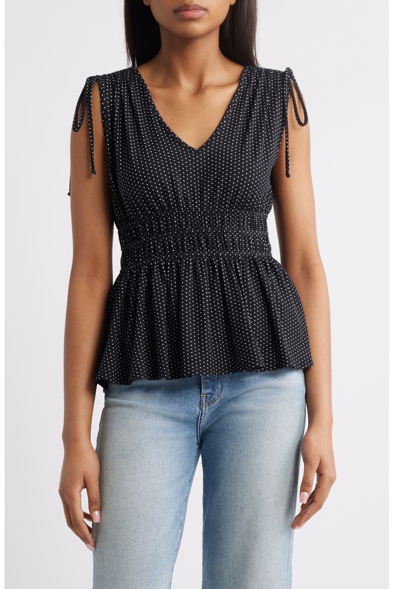 Polka Dot Peplum Top, Main, color, BLACK