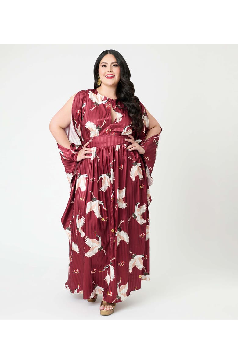 Unique Vintage Plus Size 1960s Flutter Sleeve Caftan, Alternate, color, Burgundy Crane Print