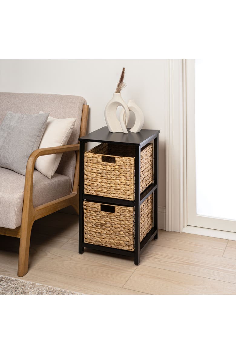 Cohen Coastal Bohemian Handcrafted Acacia Wood 2-Tier Storage Cabinet with 2 Water Hyacinth Woven Baskets, Alternate, color, Black