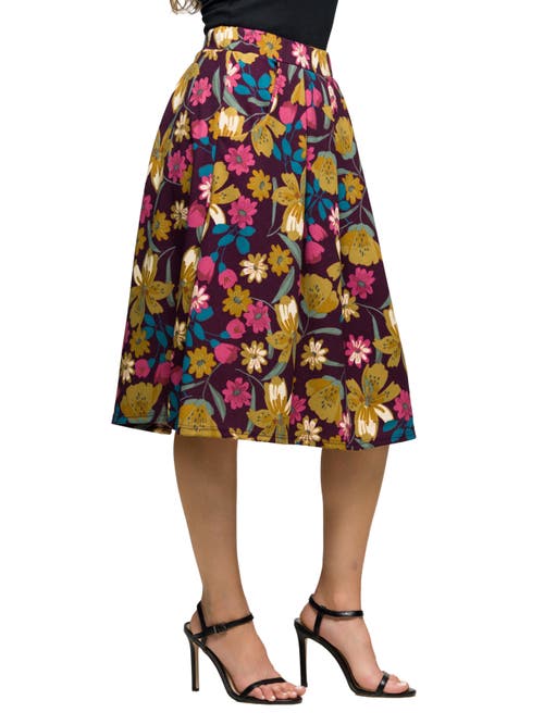 24seven Comfort Apparel Plus Size Purple Floral Elastic Waist Pocket Midi Skirt In Purple