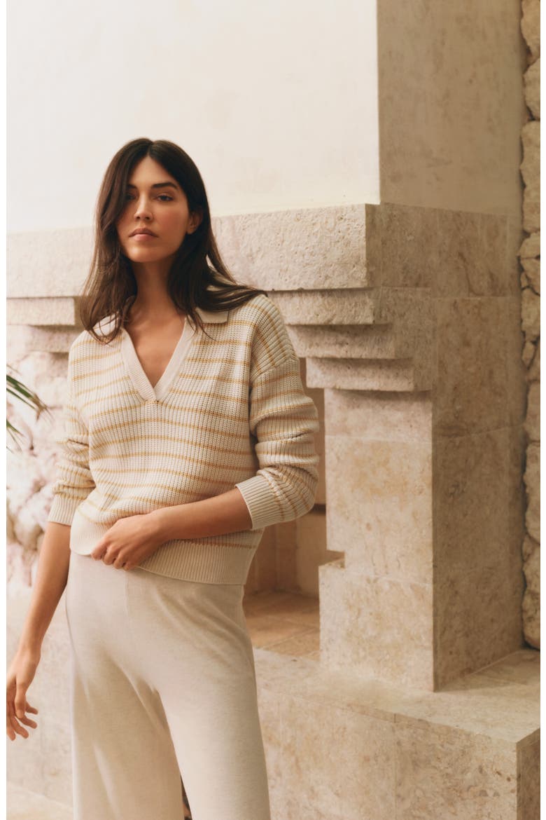 Coastal Stripe Cotton Blend Polo Sweater, Alternate, color, STRIPE ALMOND HEATHER/ SUNBEAM