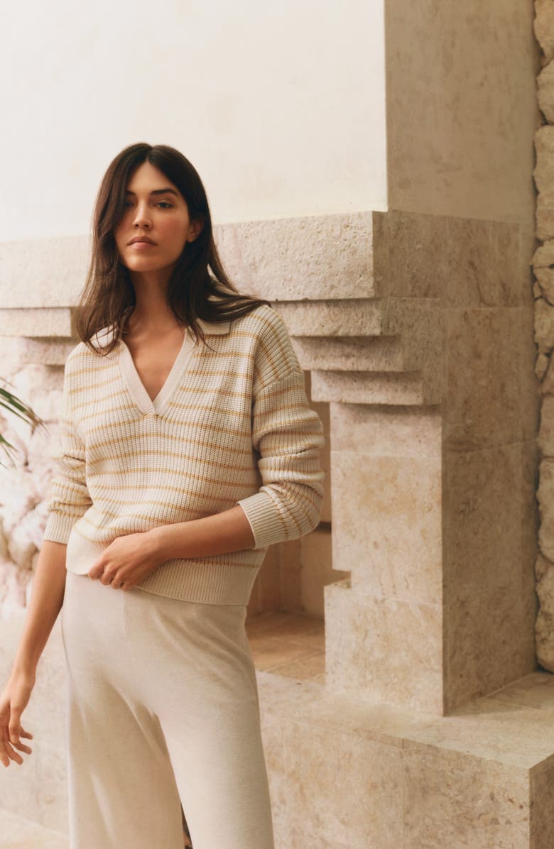 Eberjey Coastal Stripe Cotton Blend Polo Sweater, Alternate, color, Stripe Almond Heather/ Sunbeam