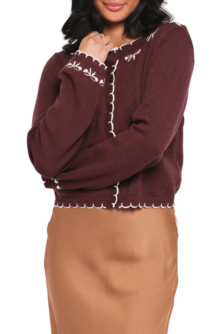 Payton Bow Scallop Cardigan, Main, color, PLUM