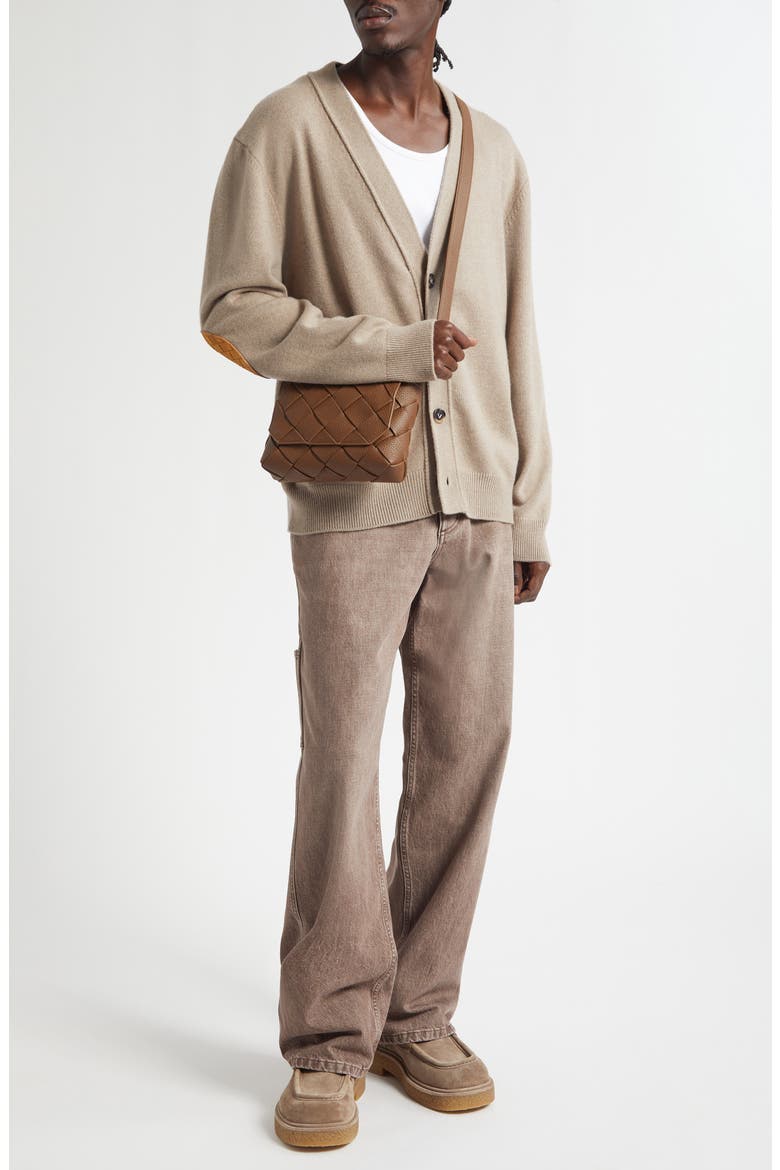 Classic Cashmere Blend V-Neck Cardigan with Intrecciato Leather Elbow Patches, Alternate, color, 9713 BEIGE