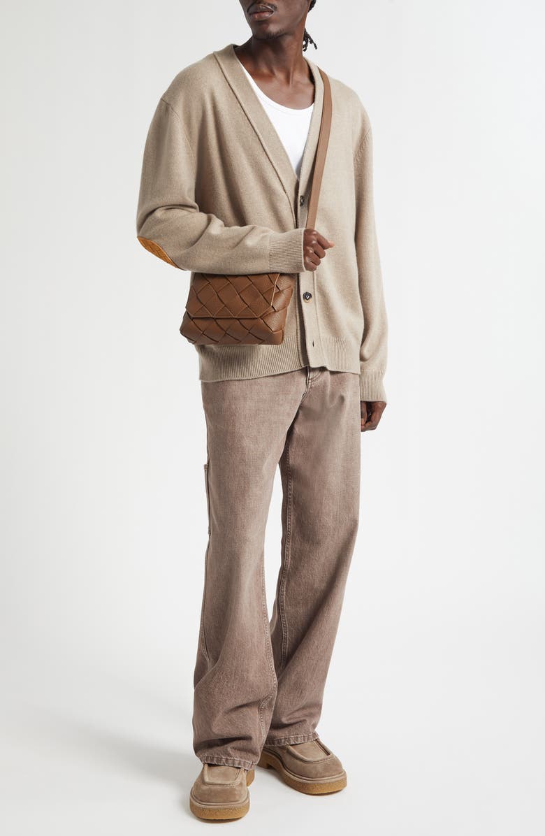 Bottega Veneta Classic Cashmere Blend V-Neck Cardigan with Intrecciato Leather Elbow Patches, Alternate, color, 9713 Beige
