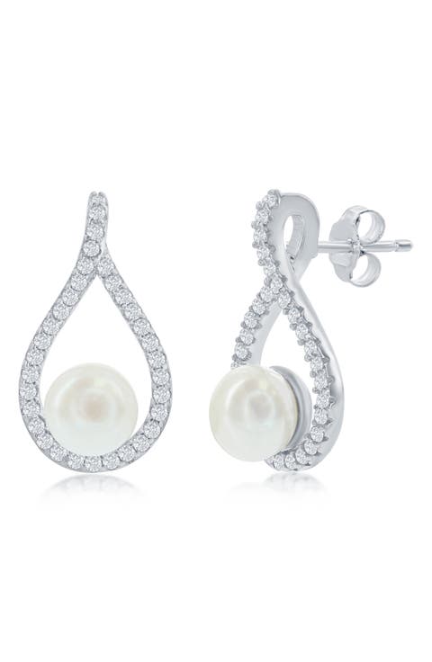 Sterling Silver Cubic Zirconia Freshwater Pearl Drop Earrings