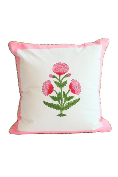 Pink Poppy Blockprint Pillow - Cover Only