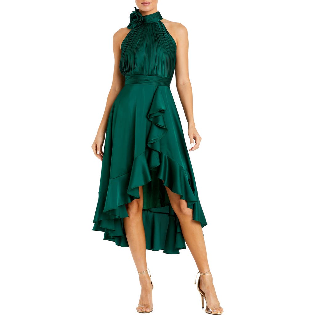 Mac Duggal Halter Neck Flower Detail Ruffled Midi Dress In Emerald