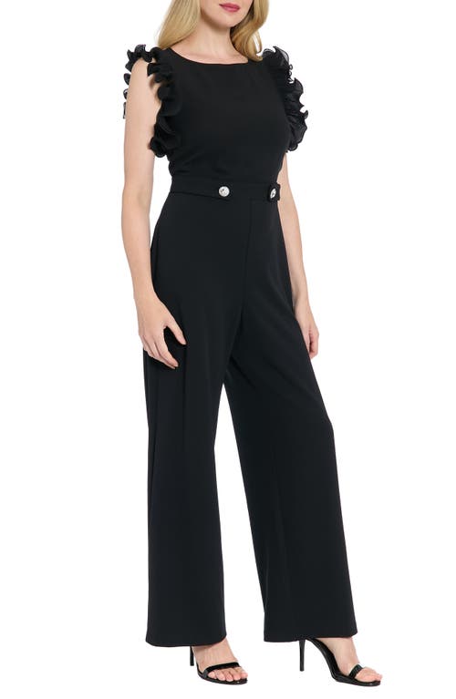 London Times Ruffle Cap Sleeve Mixed Media Jumpsuit In Black