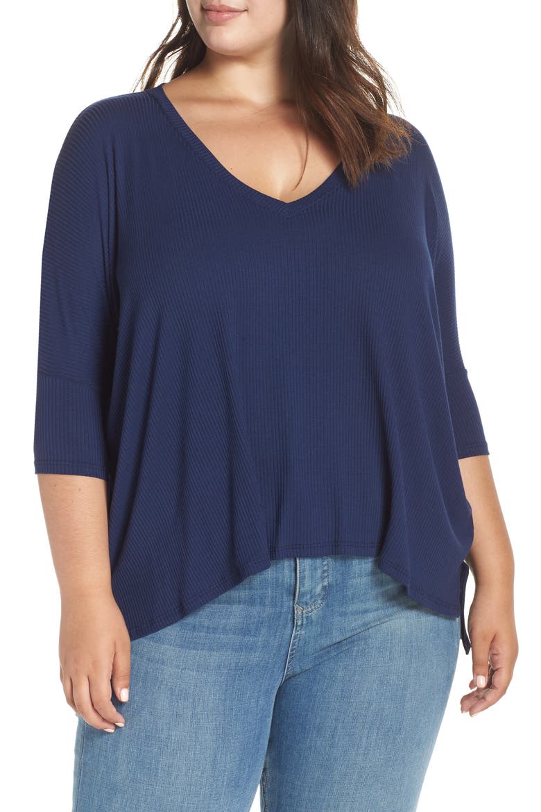 Ribbed V-Neck Top, Main, color, NAVY
