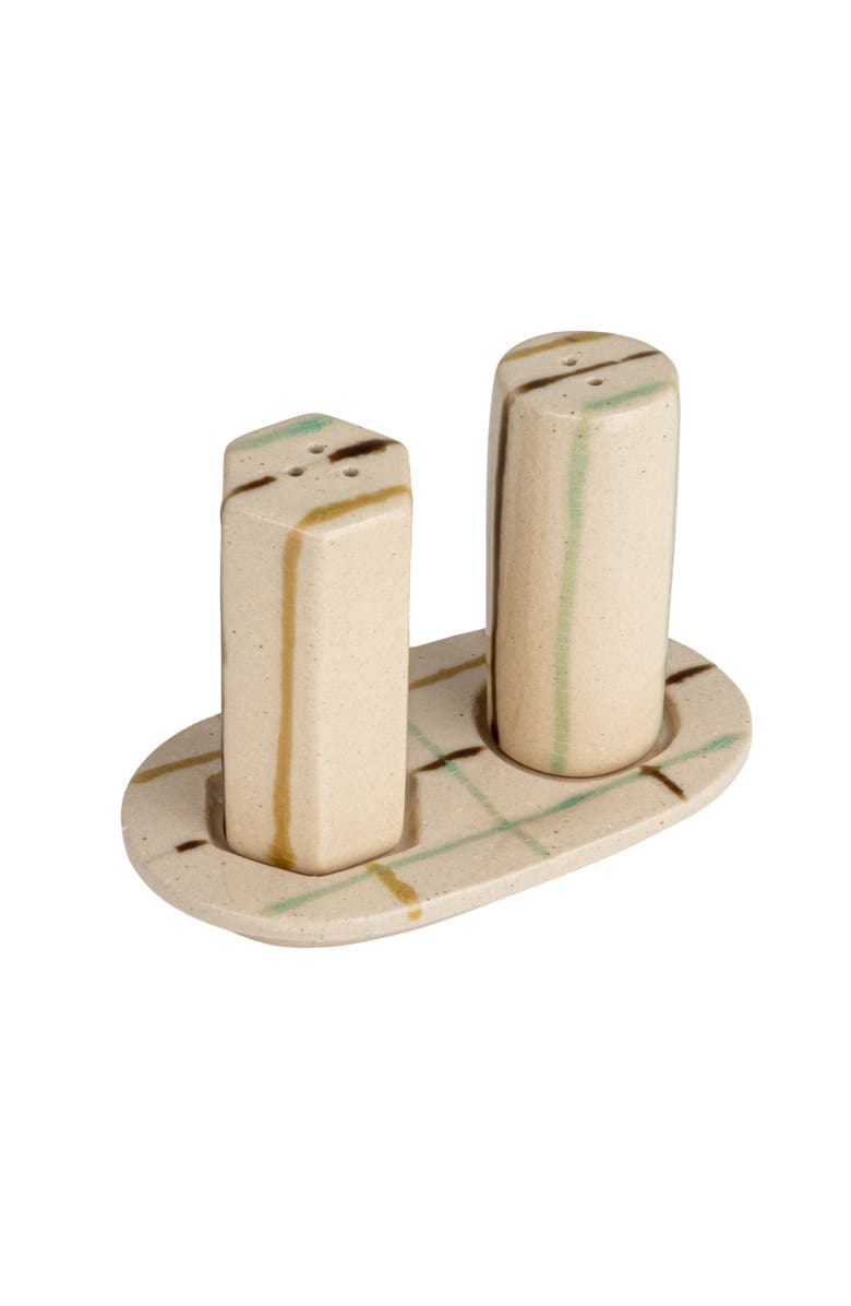 Storied Home Artisanal Harmony Salt and Pepper Shaker Set on a Tray, Main, color, Cream