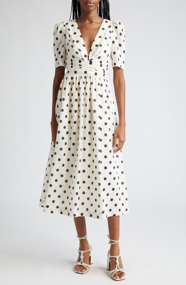 Zimmermann Polka Dot Pleated Linen Midi Dress, Main, color,