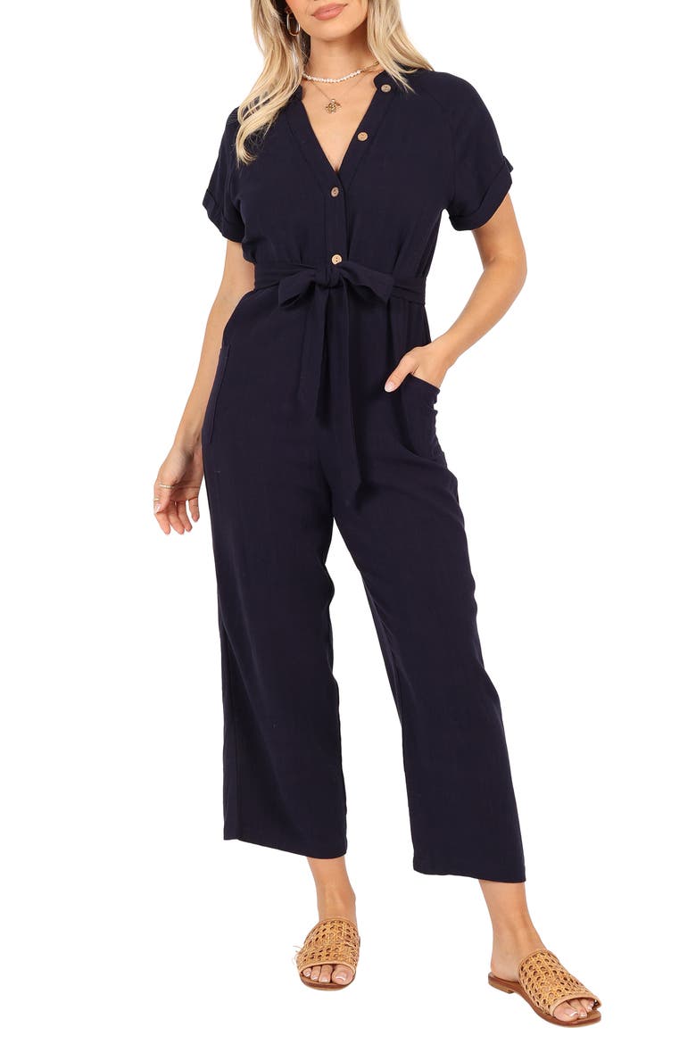 Archie Tie Waist Linen Jumpsuit, Main, color, NAVY