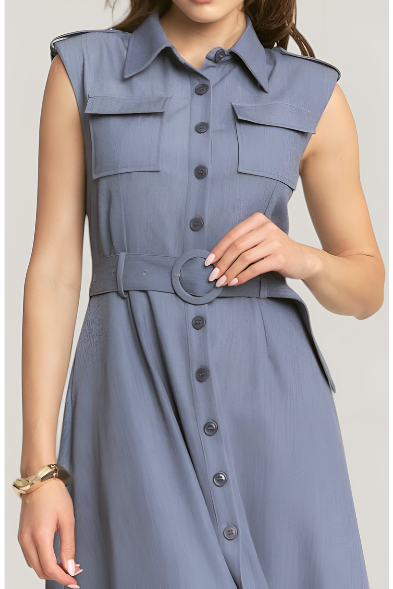 Belted A-Line Midi Dress with Shoulder Buttons and Pockets, Alternate, color, Blue