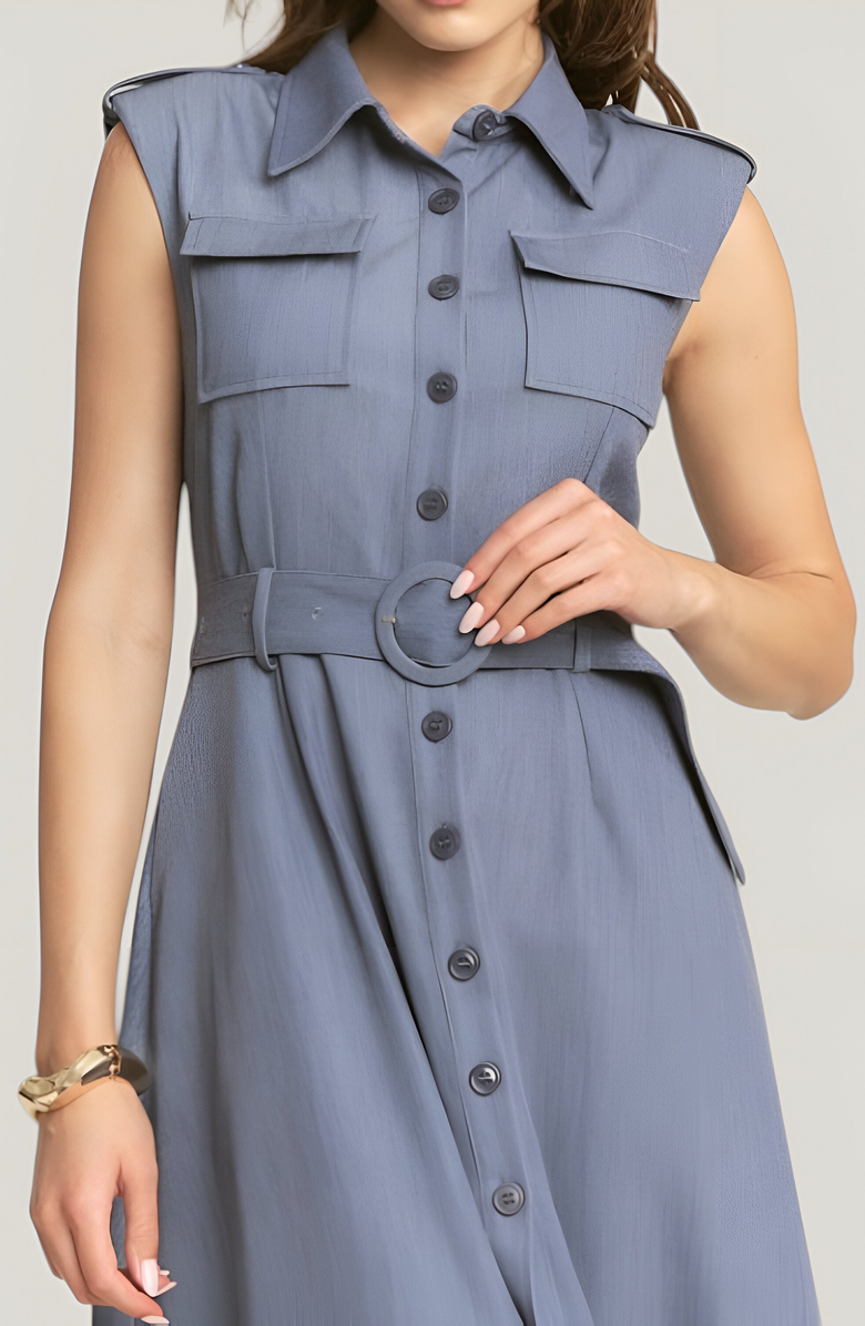 Modenaire Belted A-Line Midi Dress with Shoulder Buttons and Pockets, Alternate, color, Blue