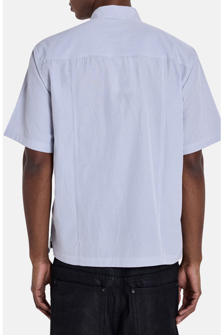 Overprinted Pinstripe Short Sleeve Graphic Button-Up Shirt, Alternate, color, GREY