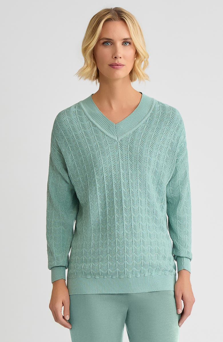 Misook Relaxed Pointelle Soft Knit Sweater, Main, color, Mystic Green