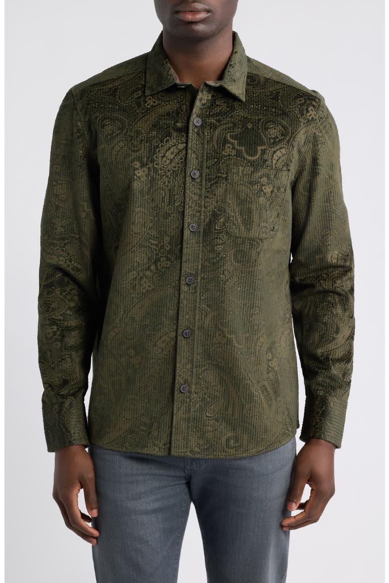 Cutler Paisley Stretch Cotton Corduroy Button-Up Shirt, Main, color, OLIVE PAISLEY