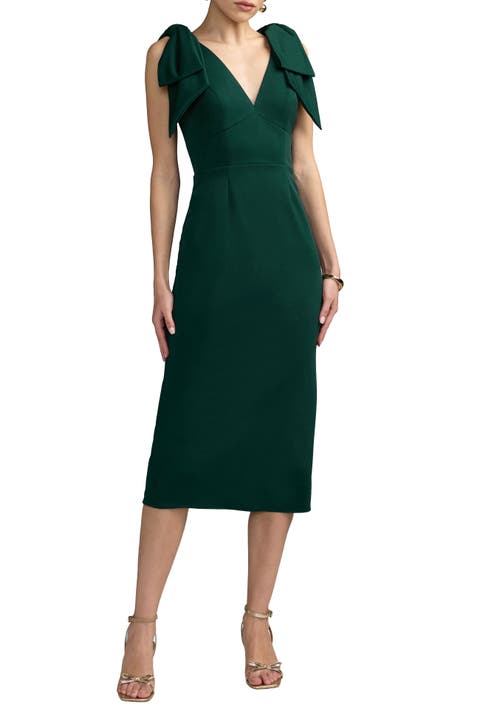 Statement Bow Shoulder Crepe Midi Dress