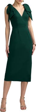 Mac Duggal Statement Bow Shoulder Crepe Midi Dress