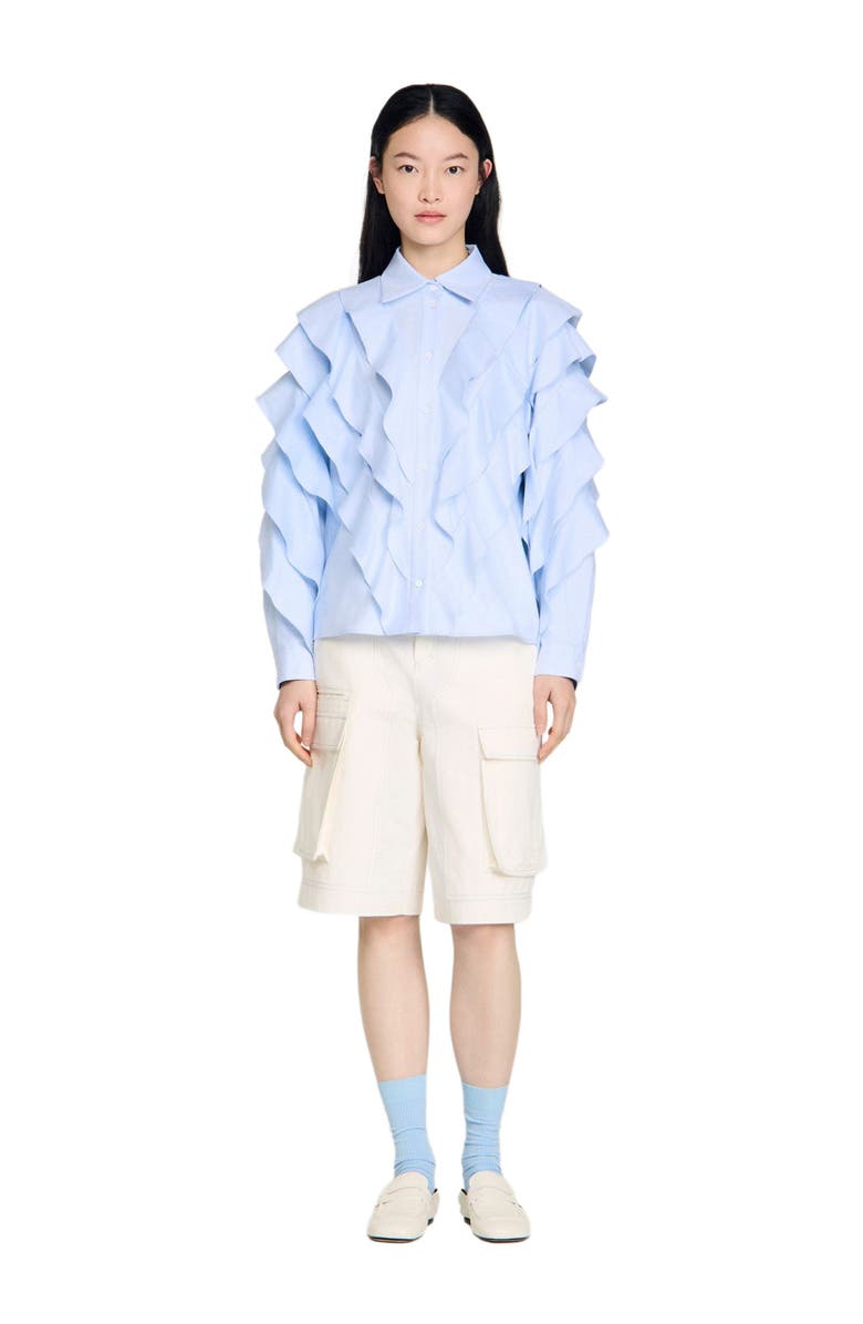 SANDRO Ruffled cotton shirt, Alternate, color, Sky Blue