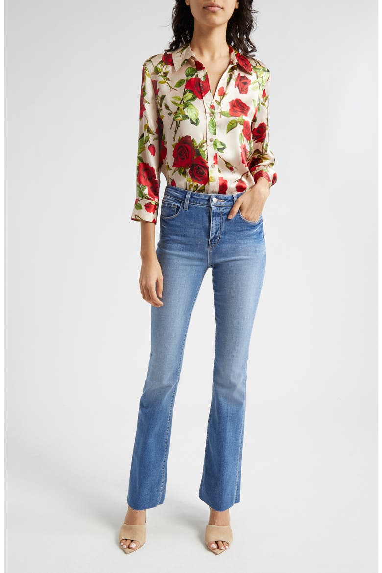 Dani Rose Print Silk Button-Up Shirt, Alternate, color, SANDRED R
