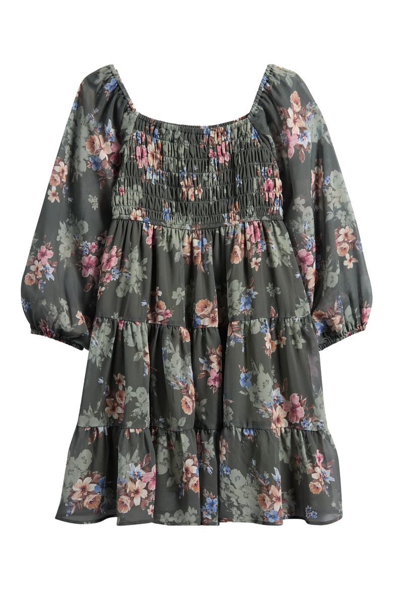 Kids' Printed Long Sleeve Chiffon Party Dress, Main, color, OLIVE