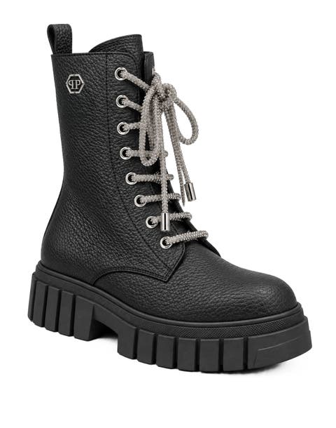 Leather Boots Deer Print Laces Strass Women