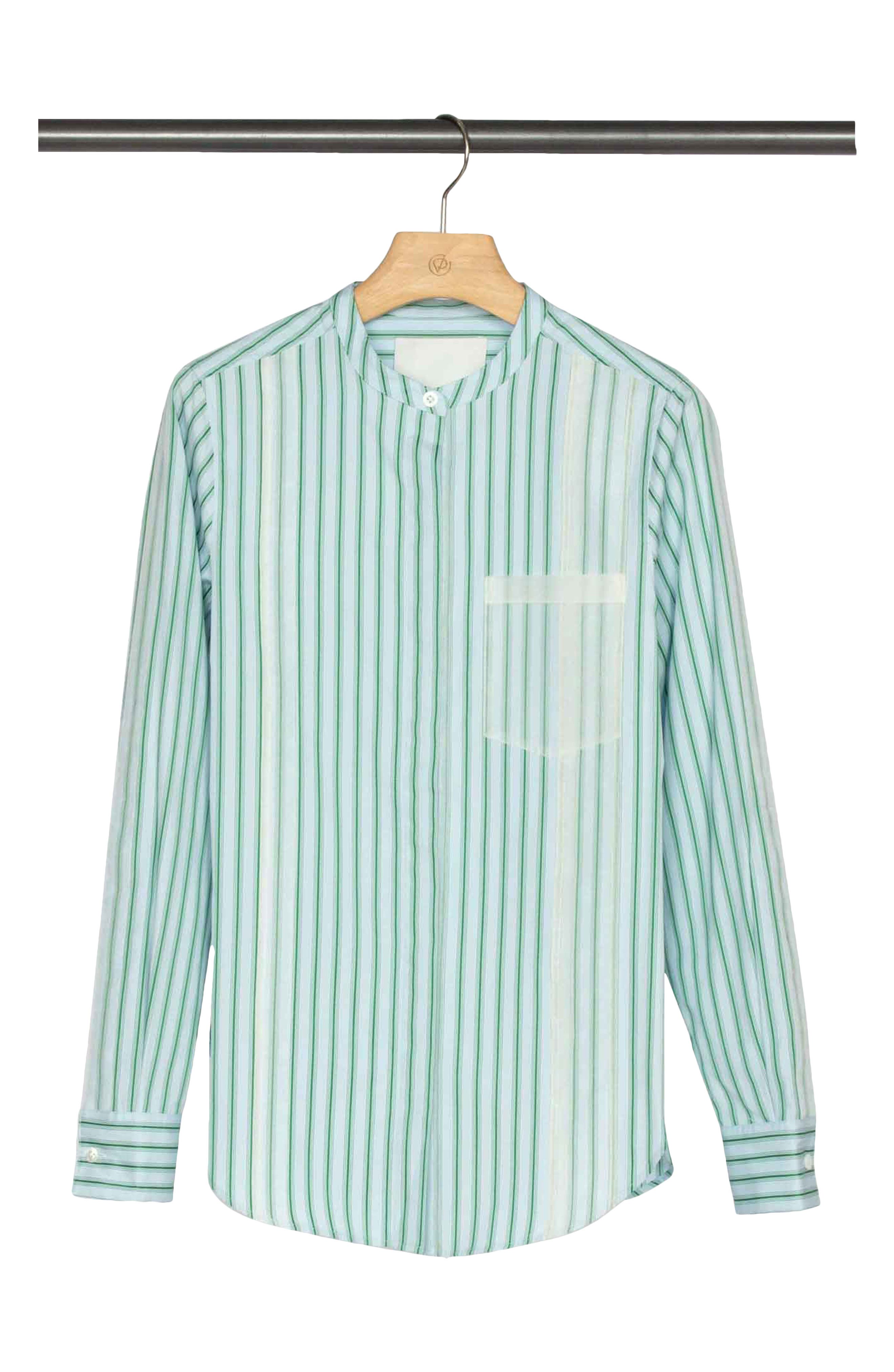 Striped Cotton Band Collar Shirt