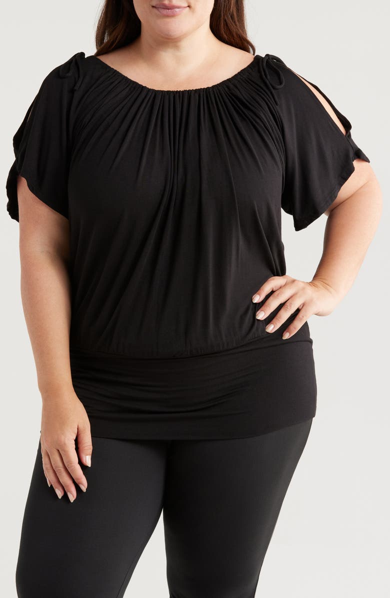 24seven Comfort Apparel Banded Blouson Top, Main, color, Black