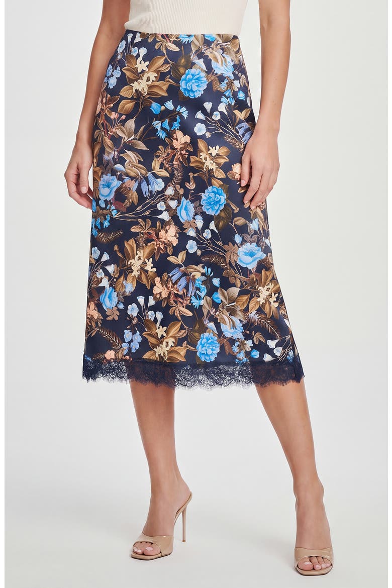 Floral Printed Midi Skirt with Lace Trim, Main, color, INDIGO NIGHT