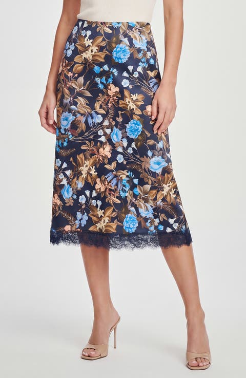 Floral Printed Midi Skirt with Lace Trim