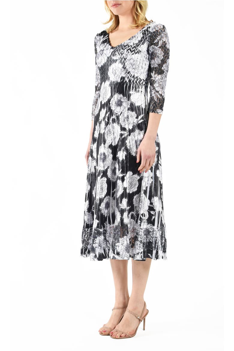 Floral Printed Charmeuse 3/4 Sleeve Dress, Alternate, color, Crysanthemum