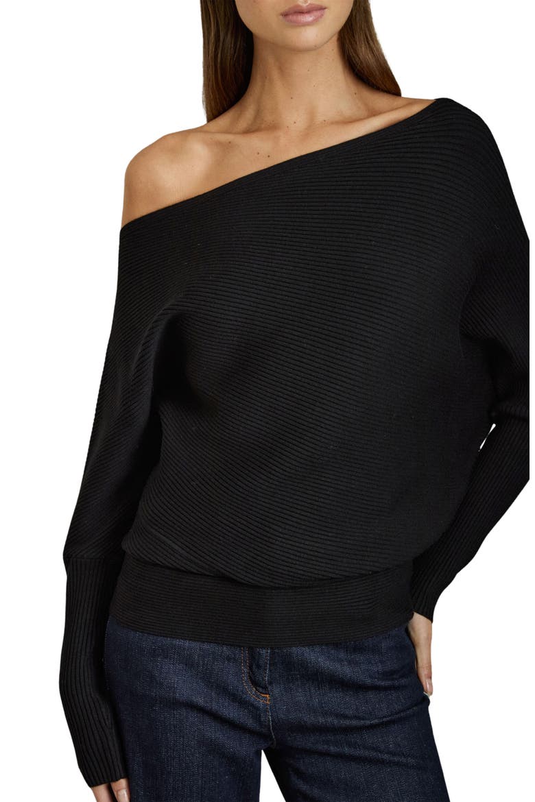 Lorna Off the Shoulder Rib Sweater, Alternate, color, BLACK