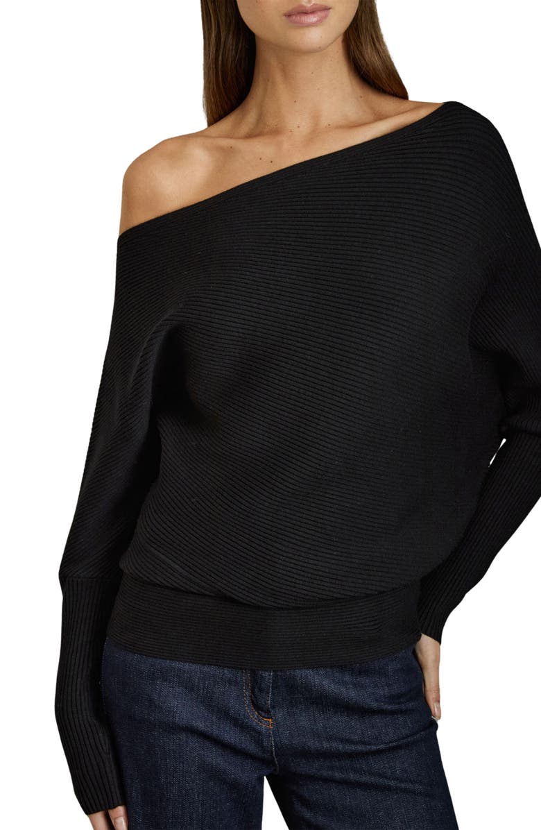 Reiss Lorna Off the Shoulder Rib Sweater, Alternate, color, Black
