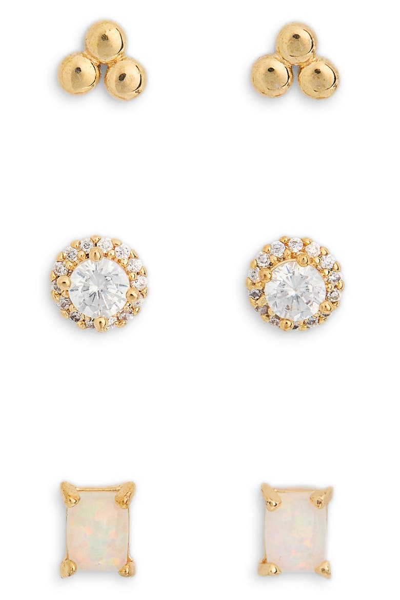 3-Pack CZ & Opal Assorted Flatback Stud Earrings, Alternate, color, CLEAR- WHITE- GOLD