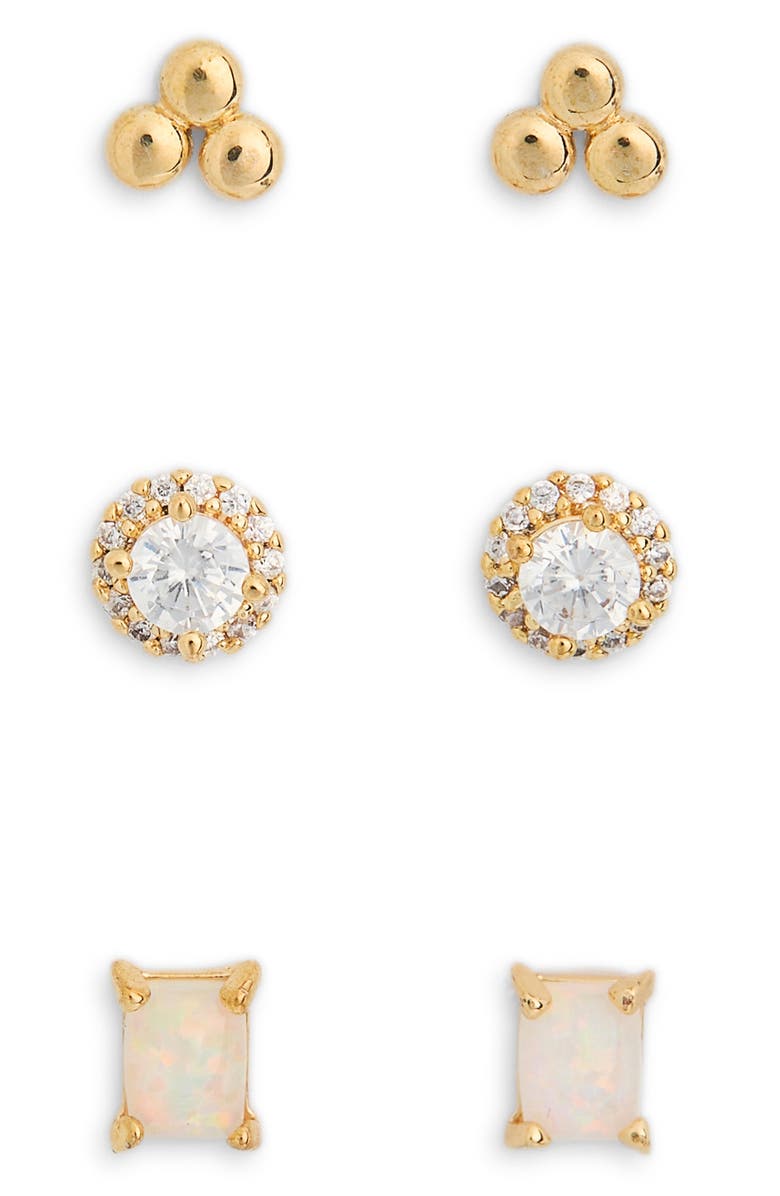 Leith 3-Pack CZ & Opal Assorted Flatback Stud Earrings, Alternate, color, Clear- White- Gold