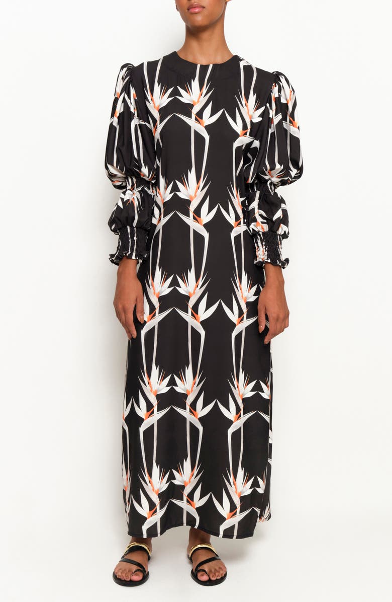 The Lulo Project Makeda Print Long Sleeve Maxi Dress, Main, color, Birds Of Paradise Black
