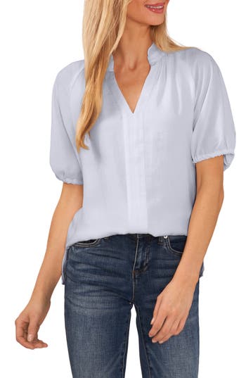 Cece Ruffle Split Neck Blouse In Slate Blue