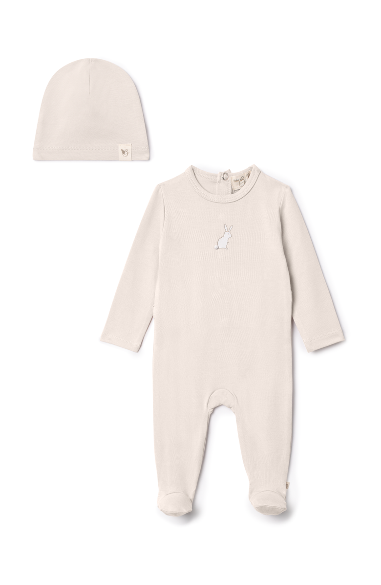 Bebe Bella Bunny Print Modal Jersey Romper with Matching Hat, Main, color, Dark Almond