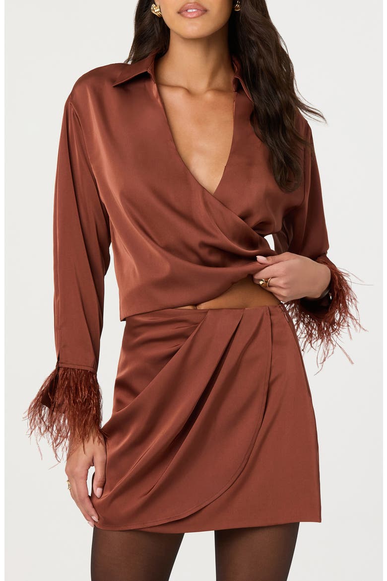 Catrina Feather Accent Surplice Satin Top, Main, color, RUST BROWN